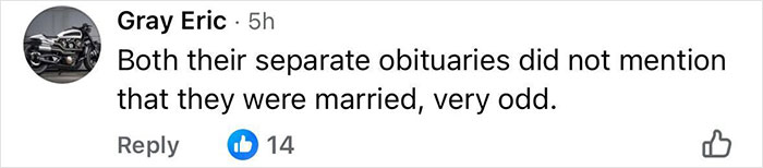 Comment highlighting that the couple found lifeless in car days before wedding anniversary were not mentioned as married in obituaries.