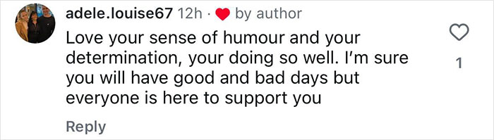 Commenter adele.louise67 expressing support and encouragement for a 20-year-old who decided to amputate his leg.