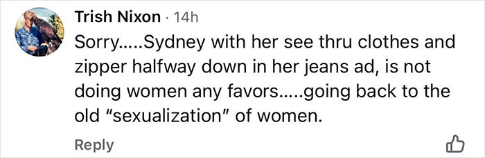 Comment criticizing Sydney Sweeney&rsquo;s see-through clothes, highlighting pro-modesty views on women&rsquo;s fashion and sexualization.