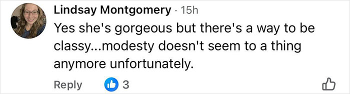 Social media comment criticizing lack of modesty in a controversial see-through look, sparking pro-modesty debate.