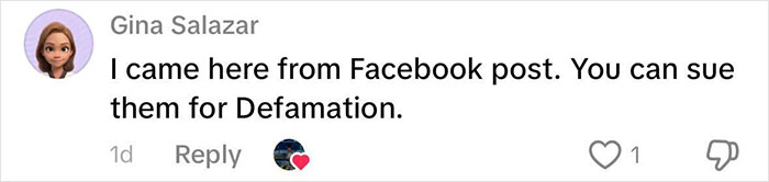 Comment from Gina Salazar reacting to a Facebook post about the Olive Garden hoax and defamation concerns. Comment from Gina Salazar reacting to a Facebook post about the Olive Garden hoax and defamation concerns.