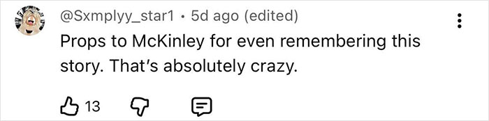 Comment by user Sxmplyy_star1 praising McKinley for remembering a disturbing new detail after adult star breaks silence on split.