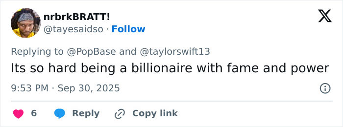 Screenshot of a Twitter reply criticizing fame and power in response to Taylor Swift's leaked lyrics controversy. Screenshot of a Twitter reply criticizing fame and power in response to Taylor Swift's leaked lyrics controversy.