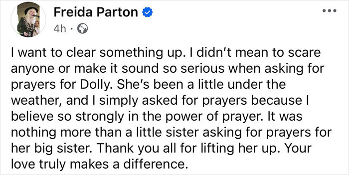Facebook post by Dolly Parton's sister Freida Parton asking for prayers for the singer amid her health struggles.