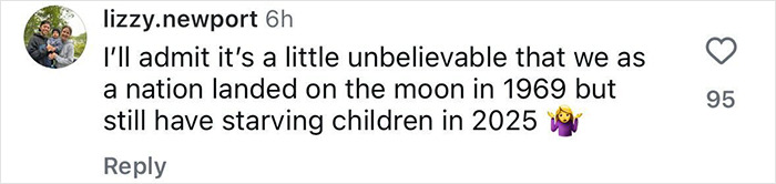 Comment from user lizzy.newport expressing doubt about the 1969 moon landing while mentioning current social issues.