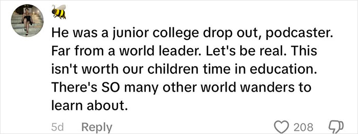Comment criticizing Life of Charlie Kirk homework assignment, calling it unsuitable for children's education.