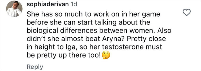 Screenshot of a social media comment discussing testosterone in tennis, highlighting rivalry and competitive remarks online.