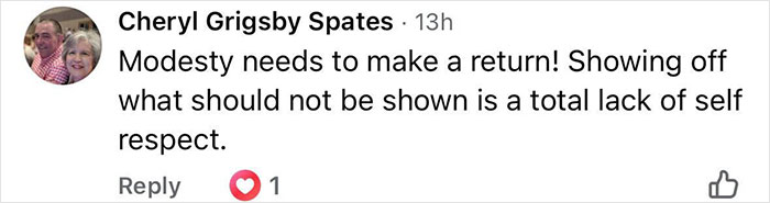 Screenshot of a social media comment criticizing a lack of modesty and self-respect in a see-through look.
