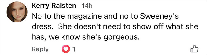 Comment criticizing Sydney Sweeney's see-through look, reflecting the pro-modesty debate sparked by Megyn Kelly.