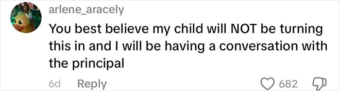 Comment from social media user arlene_aracely expressing refusal to submit controversial homework about Life of Charlie Kirk.