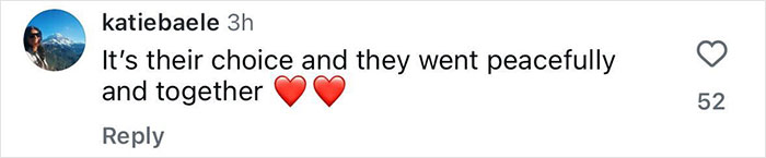 Comment from user katiebaele expressing that Holocaust survivor Ruth Posner and husband went peacefully and together with two heart emojis.