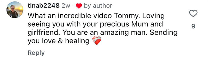 User comment praising Tommy for his strength and love, related to 20-year-old leg amputation after rock concert story.