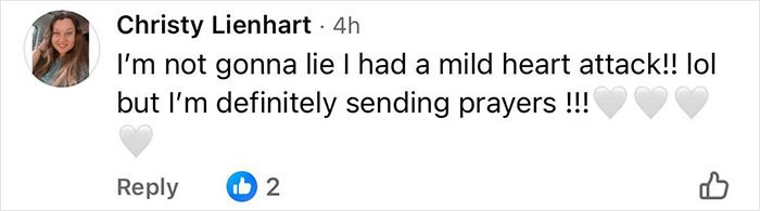 Comment from Christy Lienhart mentioning a mild heart attack and sending prayers amid Dolly Parton's health struggles.