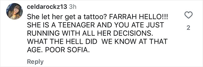 Social media user criticizes Farrah Abraham for letting her 16-year-old daughter get a pelvic tattoo. Social media user criticizes Farrah Abraham for letting her 16-year-old daughter get a pelvic tattoo.