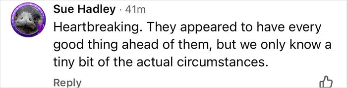 Comment expressing sorrow about a couple found lifeless in car days before wedding anniversary, highlighting unknown circumstances.