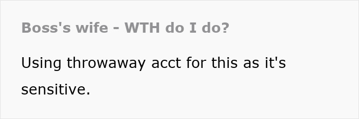 Text message about a boss's wife and an innocent worker, discussing a sensitive affair claim using a throwaway account.