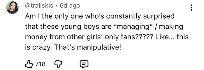 Screenshot of a social media comment expressing shock over manipulation involving young boys managing adult stars' OnlyFans accounts.