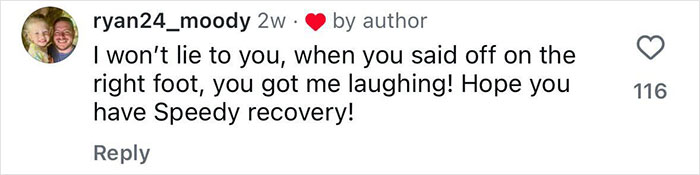 Comment on social media post expressing well wishes for speedy recovery after leg amputation following a rock concert incident.