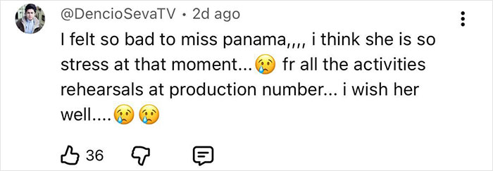 Tweet expressing sympathy for Miss Panama&rsquo;s painful and awkward onstage fail during a stressful moment in the competition.