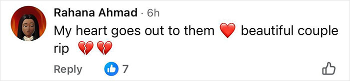 Comment expressing sympathy for couple found lifeless in car days before wedding anniversary with heart and broken heart emojis.