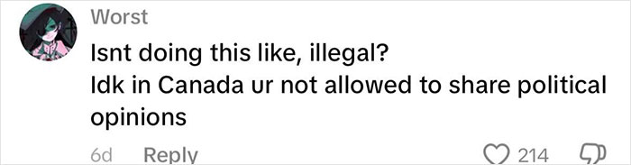 Screenshot of a social media comment questioning the legality of sharing political opinions in Canada, related to a homework assignment.
