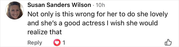 Comment from Susan Sanders Wilson defending Sydney Sweeney, calling her a good actress amid pro-modesty controversy.