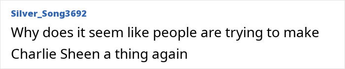 Comment text discussing Charlie Sheen, referencing Emilio Estevez and Tom Cruise news in an online forum post. Comment text discussing Charlie Sheen, referencing Emilio Estevez and Tom Cruise news in an online forum post.
