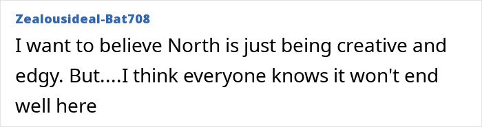 Comment text about North&rsquo;s online life concerns, reflecting Kanye West&rsquo;s warning and her alarming new look.