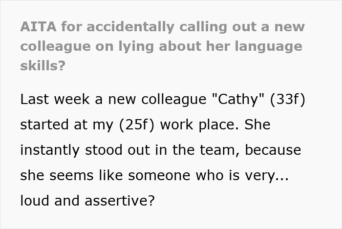 Text excerpt about a woman embarrassing a new colleague by speaking to her in a language she claimed to know well.