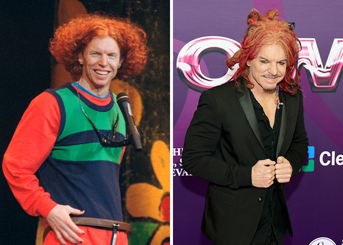 Side-by-side photos of a male star showing jaw-dropping transformations with dramatic changes in appearance and hairstyle.