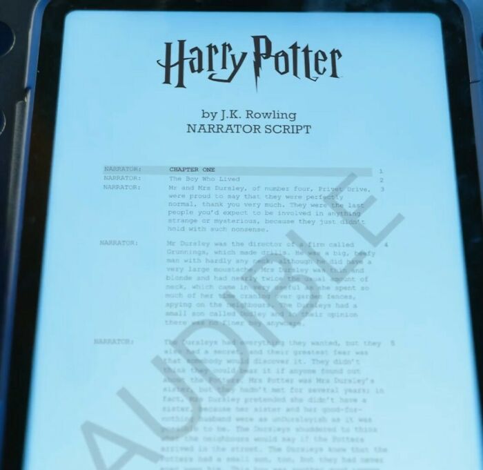 Harry Potter narrator script displayed on a tablet screen with watermark visible on the text.