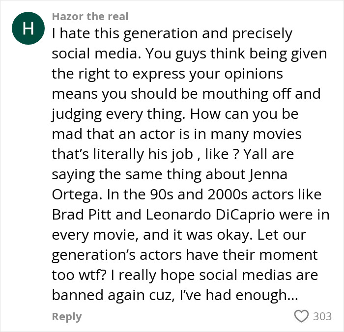 User comment criticizing social media backlash and defending actors like Margot Robbie in Wuthering Heights trailer controversy.