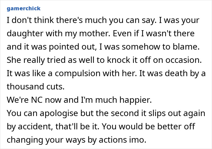 Text excerpt about a daughter used as a family scapegoat, reflecting on regret and family dynamics years later.