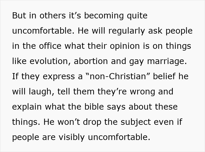 Office workers visibly uncomfortable as a religious man pushes his beliefs, making work life insufferable for coworkers.