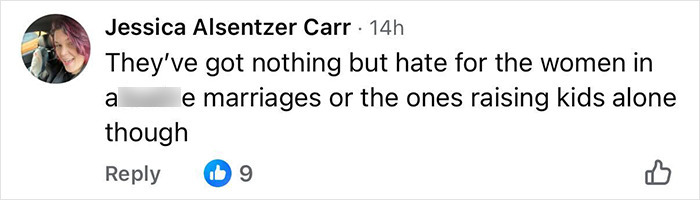 Comment by Jessica Alsentzer Carr expressing frustration about hate towards women in certain marriages or single parenting, related to birth control discussions. Comment by Jessica Alsentzer Carr expressing frustration about hate towards women in certain marriages or single parenting, related to birth control discussions.