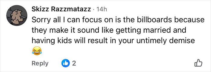 Commenter reacting humorously to Michigan billboards about birth control and family planning with laughing emoji and likes. Commenter reacting humorously to Michigan billboards about birth control and family planning with laughing emoji and likes.