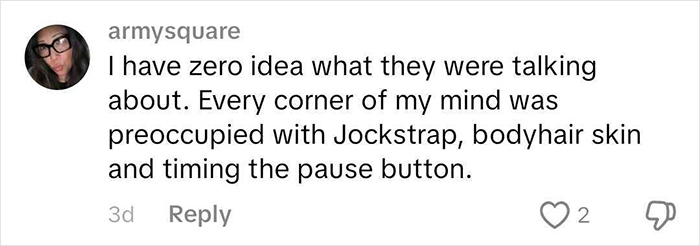 Comment by user armysquare expressing fascination with Chris Evans in a jock strap, mentioning body hair and timing the pause button.