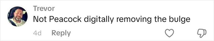 Screenshot of a comment discussing digital removal of a bulge, related to Chris Evans in a jock strap fan reaction.