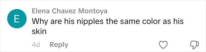 Comment asking why his nipples match his skin tone, related to Chris Evans in a jock strap reaction.