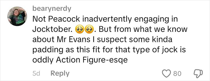 Social media comment discussing Chris Evans in a jock strap, noting unique padding and an action figure-like appearance.