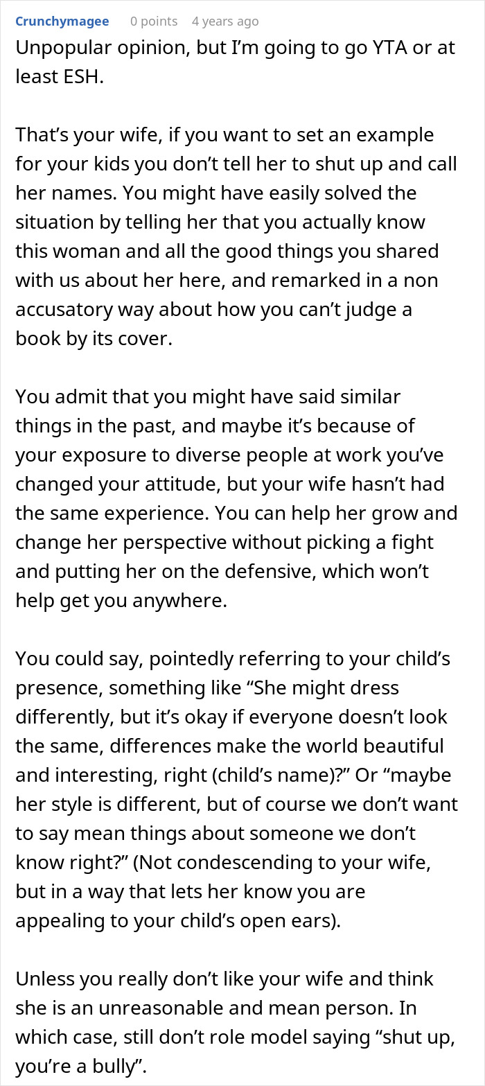 Comment discussing a husband calling his wife a bully and the impact of bullies on her life.