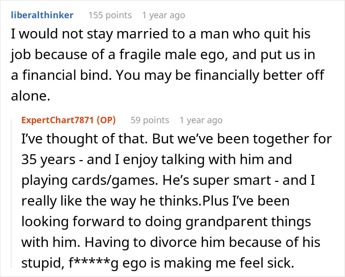 Text exchange about fragile male ego and financial strain, relating to wife wondering how to keep husband from feeling emasculated.