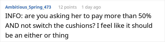 Screenshot of a forum post discussing if a heavier roommate should pay more than half for a new couch.