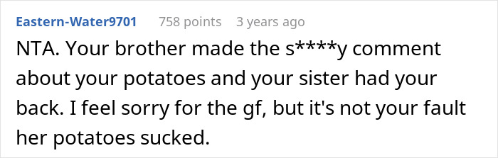 Comment text discussing a man mocking his sister&rsquo;s food and a girlfriend upset over raisin potatoes.