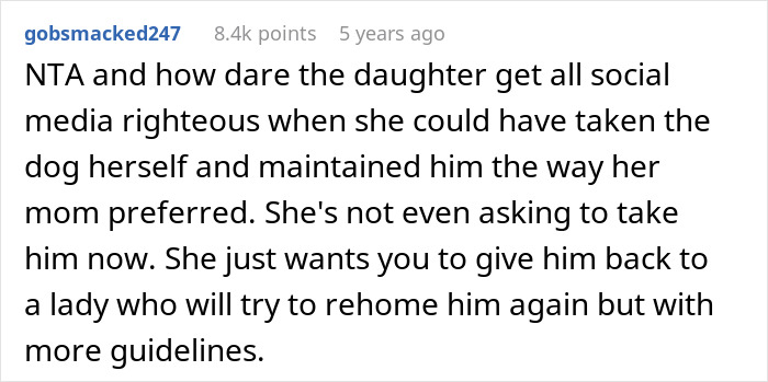 Screenshot of a Reddit comment discussing a woman adopting a dog and facing harassment from previous owners about name and care changes.