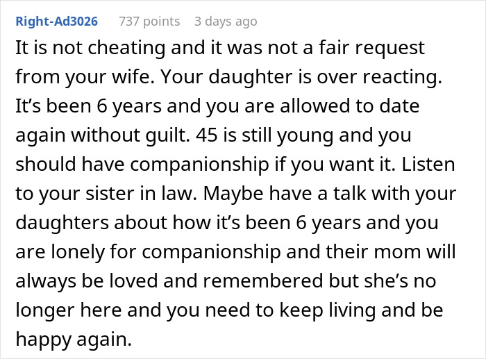 Alt text: Online comment discussing dating after a dying wife&rsquo;s request and the daughter's reaction calling husband a cheater.