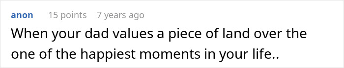 Screenshot of a comment about a bride&rsquo;s father refusing to attend wedding for not being on American soil.