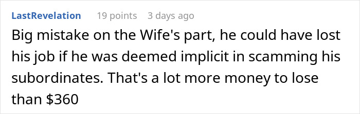 Screenshot of an online comment discussing coworkers being scammed at superior&rsquo;s wife&rsquo;s show, losing money unexpectedly.
