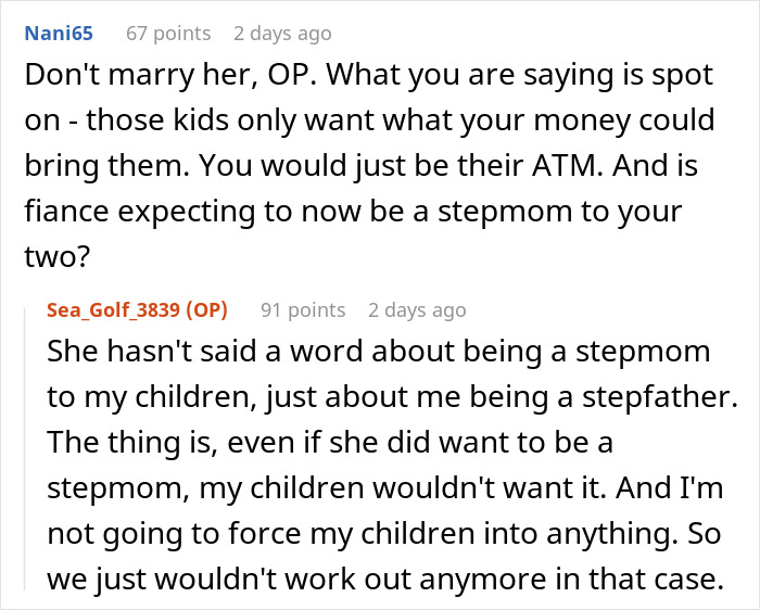 Screenshot of an online discussion where a guy refuses to be a step-father to fianc&eacute;e&rsquo;s children over gift expectations.