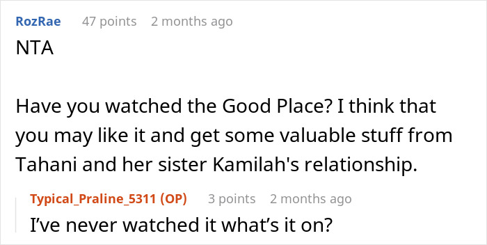 Screenshot of an online discussion about a teen losing patience as a golden child cousin takes over her celebration.